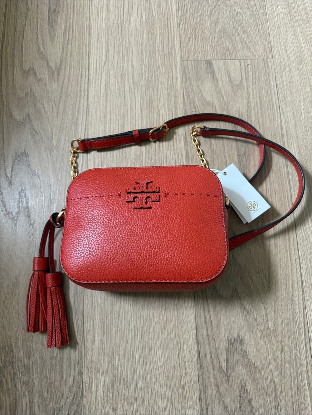 Tory Burch McGraw Camera Bag in Lava Pebbled Leather Crossbody with Tassel